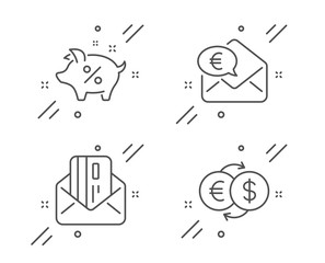 Euro money, Credit card and Loan percent line icons set. Money exchange sign. Receive cash, Mail, Piggy bank. Eur to usd. Finance set. Line euro money outline icon. Vector