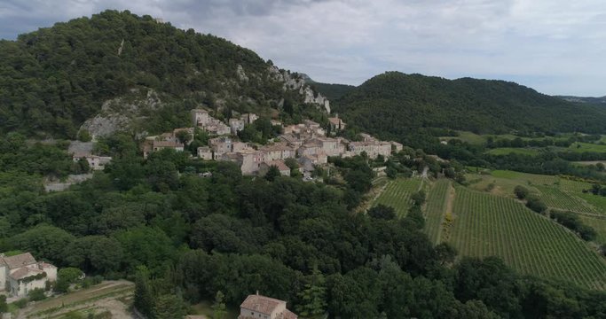 Séguret village, aerial approach, Vaucluse, labelled Les Plus Beaux Villages de France.