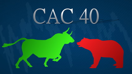 Illustration of standoff between the market's bulls and bears in the French stock market index CAC 40. A green bull versus a red bear with a blue background and a typical chart.
