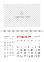 Wall calendar planner template for February 2020 year with place for photo. English vector layout with dates grid on white background. Week starts from Sunday. Corporate polygraphy branding design.