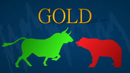 Illustration of a standoff between the market's bulls and bears in the commodities market of gold. A green bull versus a red bear with a blue background and a typical chart.
