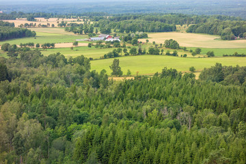 View of a landscape with forests and fields