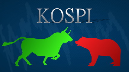 Illustration of standoff between the market's bulls and bears in the Korea Composite Stock Price Index KOSPI. A green bull versus a red bear with a blue background and a typical chart.
