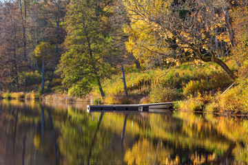 Jetty on the beach and reflections of autumn colors in the water