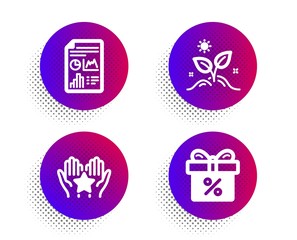Fototapeta premium Ranking, Report document and Grow plant icons simple set. Halftone dots button. Discount offer sign. Hold star, Growth chart, Leaves. Gift box. Business set. Classic flat ranking icon. Vector