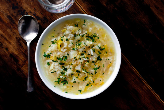 Overhead view of rice soup served in bowl