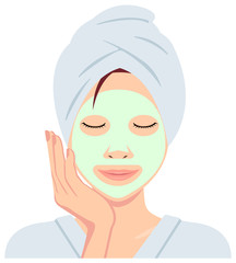 Young asian woman face vector illustration (just out of the bath)  / face pack, facial mask
