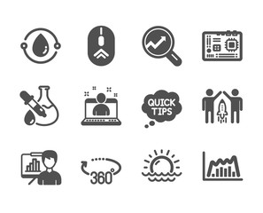 Set of Science icons, such as Partnership, Motherboard, Quick tips, Chemistry experiment, Presentation board, Sunset, 360 degrees, Infographic graph, Best manager, Analytics, Swipe up. Vector