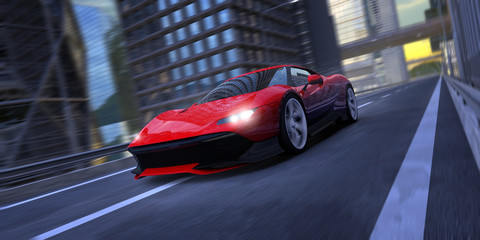 highspeed supercar in a virtual city 3d render
