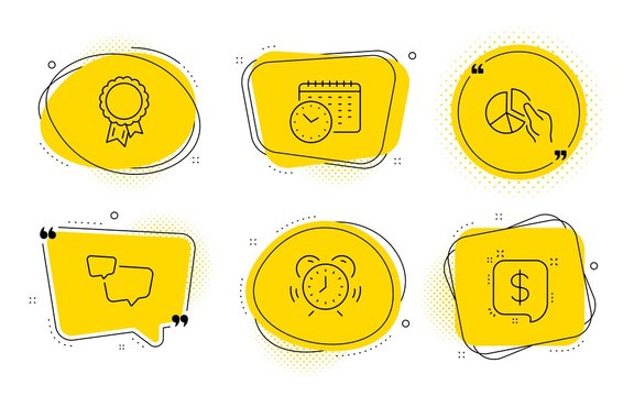 Speech bubble, Success and Payment message signs. Chat bubbles. Time management, Calendar time and Pie chart line icons set. Alarm clock, Clock, Presentation graph. Chat message. Education set. Vector