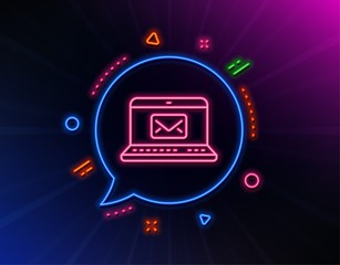 E-Mail line icon. Neon laser lights. Message correspondence sign. Communication symbol. Glow laser speech bubble. Neon lights chat bubble. Banner badge with e-Mail icon. Vector