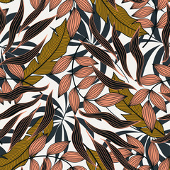 Seamless pattern in tropical style with colorful plants and leaves. Modern design, printing, fabric, textile. Botanical pattern. Vintage textile print .