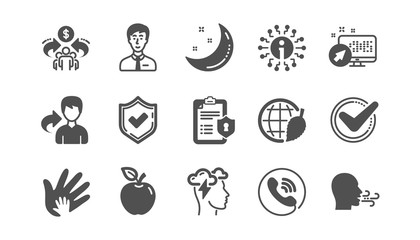 Check mark, Sharing economy and Mindfulness stress icons. Privacy Policy, Social Responsibility. Classic icon set. Quality set. Vector