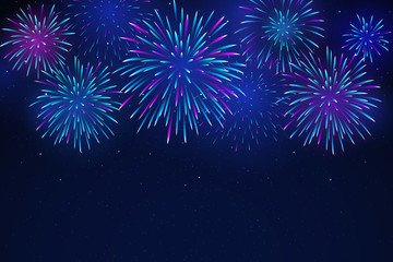 Fototapeta na wymiar Colorful fireworks on a dark background. Bright fireworks in the night starry sky. Background for festive design, party. Vector illustration