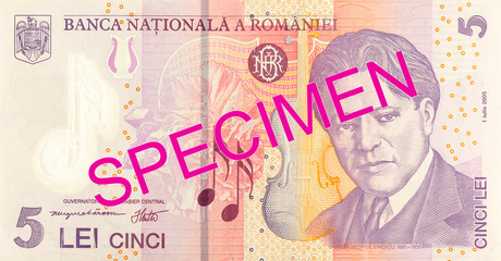 5 romanian leu banknote obverse specimen