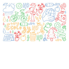 Vector logo, design and badge in trendy drawing style - zero waste concept, recycle and reuse, reduce - ecological lifestyle and sustainable developments icons.