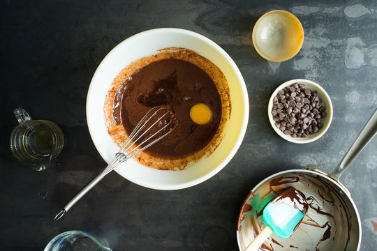 Overhead view of preparation of chocolate brownies