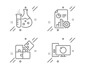 Fototapeta premium Puzzle, Chemistry flask and Report line icons set. Recovery computer sign. Engineering strategy, Laboratory, Presentation document. Backup info. Technology set. Line puzzle outline icon. Vector