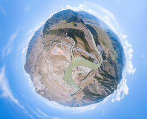 Aerial view of planet earth with the image of nature and picturesque landscapes near a mountain...