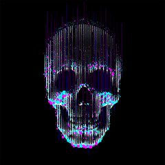 Vector glitch line- art skull  Human skull front view, enlightened from under, made by vertical lines and color particles and pixels. 