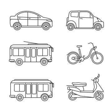 City transport thin line icons. Vector linear transportation icon set, outline car and bus images, bike and taxi, motorcycle and trolley isolated on white background