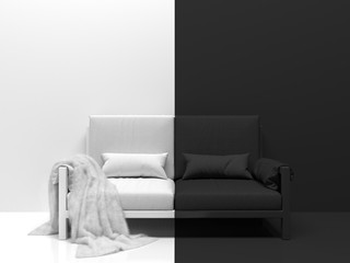 Black and white room interior with a black and white sofa. Creative monochrome conceptual illustration Divided in half into two parts in the middle. 3D rendering.