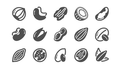 Nuts and seeds icons. Hazelnut, Almond nut and Peanut. Sunflower seeds, Brazil nut, Pistachio icons. Walnut, Coconut and Cashew nuts. Classic set. Quality set. Vector