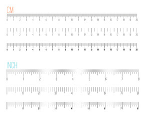 Inch and metric measuring rulers. Measurement precision scale, size indicators with regular precise graduation grid on white, vector illustration - obrazy, fototapety, plakaty