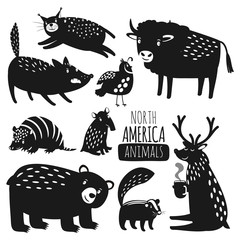 Forest american animals silhouettes. Cartoon animal silhoitte set, reindeer and wild grizzly bear, lynx and armadillo vector images isolated on white background