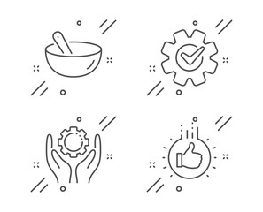 Cooking mix, Employee hand and Cogwheel line icons set. Like hand sign. Bowl, Work gear, Engineering tool. Thumbs up. Business set. Line cooking mix outline icon. Vector