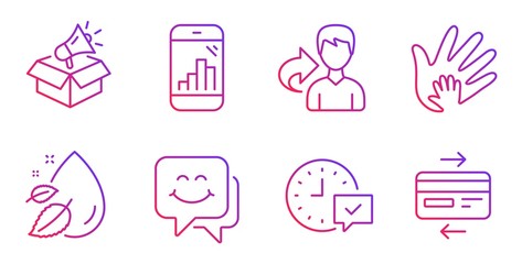 Graph phone, Share and Water drop line icons set. Social responsibility, Megaphone box and Select alarm signs. Smile face, Credit card symbols. Mobile statistics, Male user. Business set. Vector