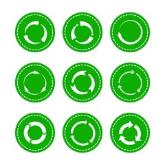 Green recycling round arrows. Vector circle arrow icons, rounded recycle symbols, lifecycle recyclability signs, clear environment green circles pictograms