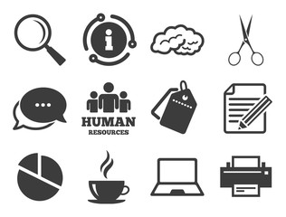 Human resources, notebook and printer signs. Discount offer tag, chat, info icon. Office, documents and business icons. Scissors, magnifier and coffee symbols. Classic style signs set. Vector