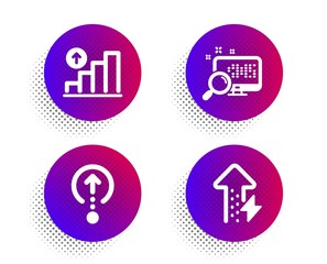 Swipe up, Search and Graph chart icons simple set. Halftone dots button. Energy growing sign. Scrolling page, Find file, Growth report. Power usage. Technology set. Classic flat swipe up icon. Vector