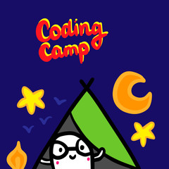 Coding camp hand drawn vector illustration in cartoon style. Man at night lettering