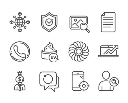 Set of Business icons, such as Fan engine, Sales diagram, Find user, Search photo, Manager, Seo phone, Logistics network, Recovery data, File, Call center, Uv protection, Approved shield. Vector