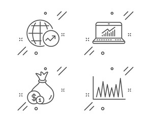 World statistics, Online statistics and Cash line icons set. Line graph sign. Global report, Computer data, Banking currency. Market diagram. Finance set. Line world statistics outline icon. Vector