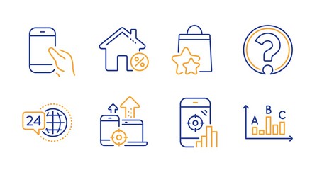 Loan house, Seo devices and Loyalty points line icons set. Seo phone, Question mark and 24h service signs. Hold smartphone, Survey results symbols. Discount percent, Mobile stats. Vector