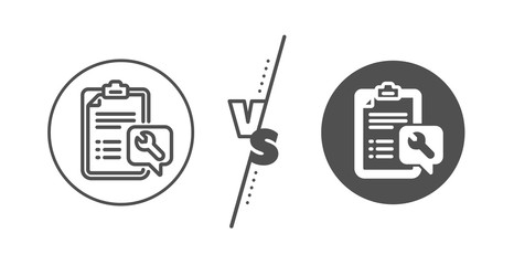 Repair service checklist sign. Versus concept. Spanner tool line icon. Fix instruments symbol. Line vs classic spanner icon. Vector
