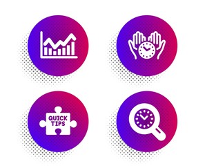 Infochart, Safe time and Quick tips icons simple set. Halftone dots button. Time management sign. Stock exchange, Hold clock, Tutorials. Science set. Classic flat infochart icon. Vector