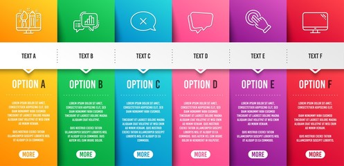 Touchscreen gesture, Speech bubble and Graph chart line icons set. Infographic timeline. Creative design, Reject and Computer signs. Click hand, Chat message, Growth report. Designer. Vector