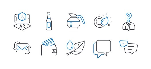 Set of Business icons, such as Coffeepot, Hiring employees, Refresh mail, Beer, Paint brush, Talk bubble, Leaf dew, Augmented reality, Debit card, Text message line icons. Line coffeepot icon. Vector