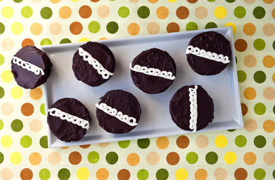 Overhead view of cupcakes in tray