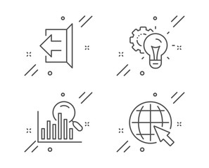 Search, Idea gear and Sign out line icons set. Internet sign. Analytics, Technology process, Logout. World web. Technology set. Line search outline icon. Vector