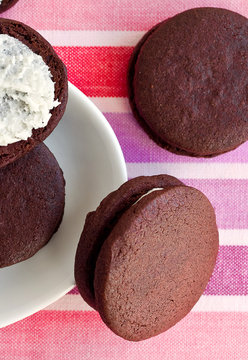 Overhead view of homemade cr?me filled chocolate sandwich cookie