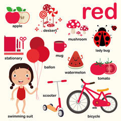 Learn red color, Educate color and vocabulary set, Illustration of primary colors, Vector illustration