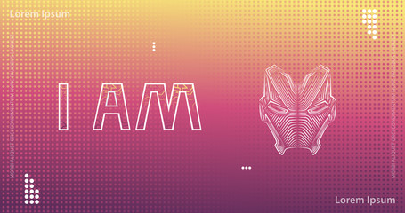 I am Iron. Superhero mask logo. Gradient techno background with backdrop effect