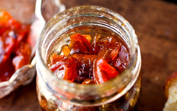 Close up of nectarine lemon verbena jam in jar