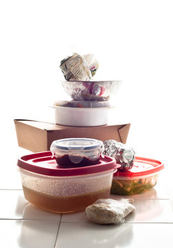 Leftover food stacked indoors
