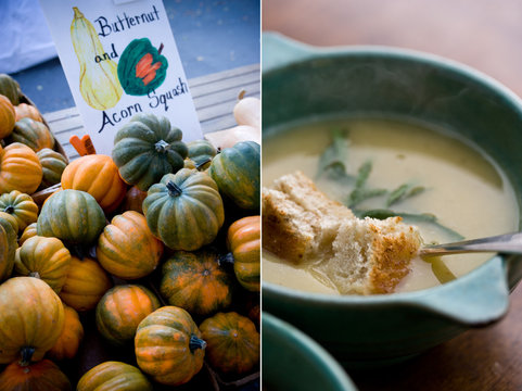 Close up of white bean and squash soup served in bowl